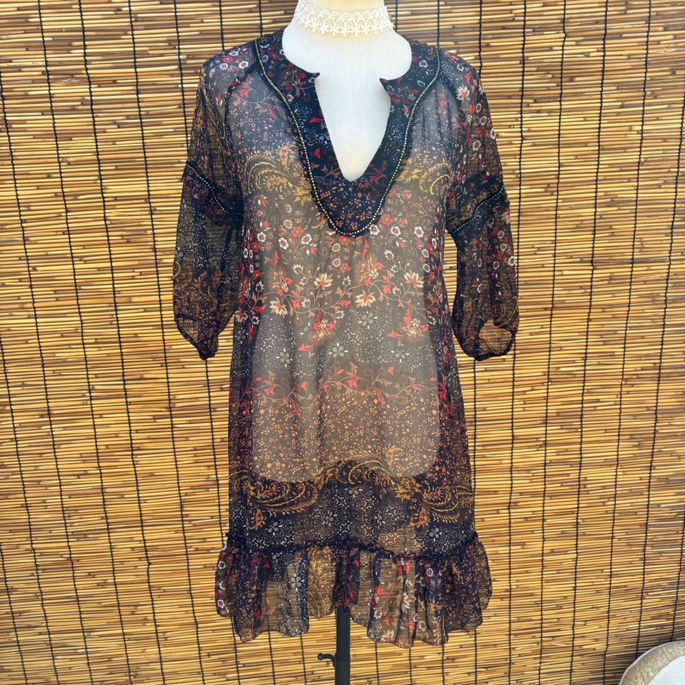 Patterson J. Kincaid Floral Paisley Sheer V-Neck Ruffle Dress Black Brown Small